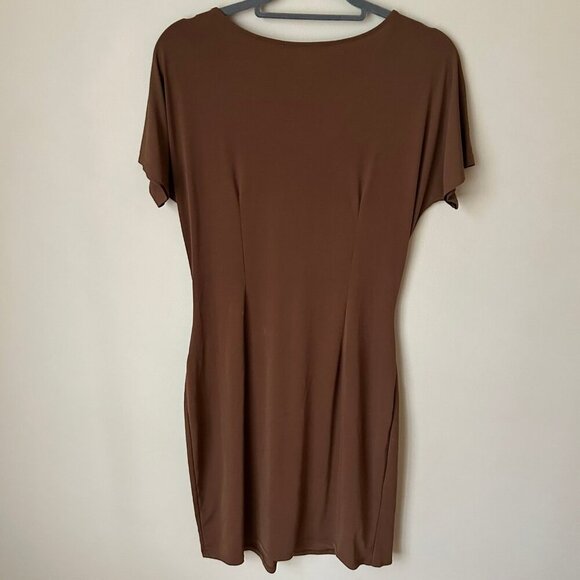 Boston Proper Side Ruched Faux Wrap Dress Brown Short Sleeve V-Neck Women’s 12 - Picture 4 of 5